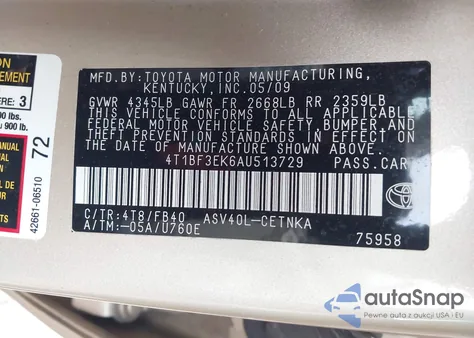 2010 Toyota Camry Le из США, поврежденный, VIN 4T1BF3EK6AU513729